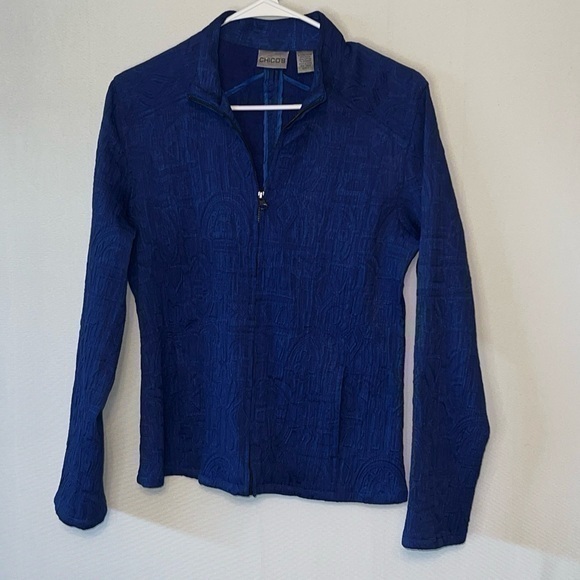 Chico's Jackets & Blazers - Chicos Full Zip Dressy Jacket Crinkle Mock Neck Long Sleeve Pockets Blue Sz 1.